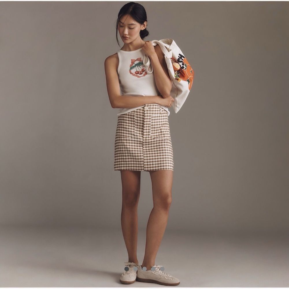 NWT Anthropologie The Colette Linen Blend Mini Skirt by Maeve Gingham Brown XXS - Picture 6 of 6